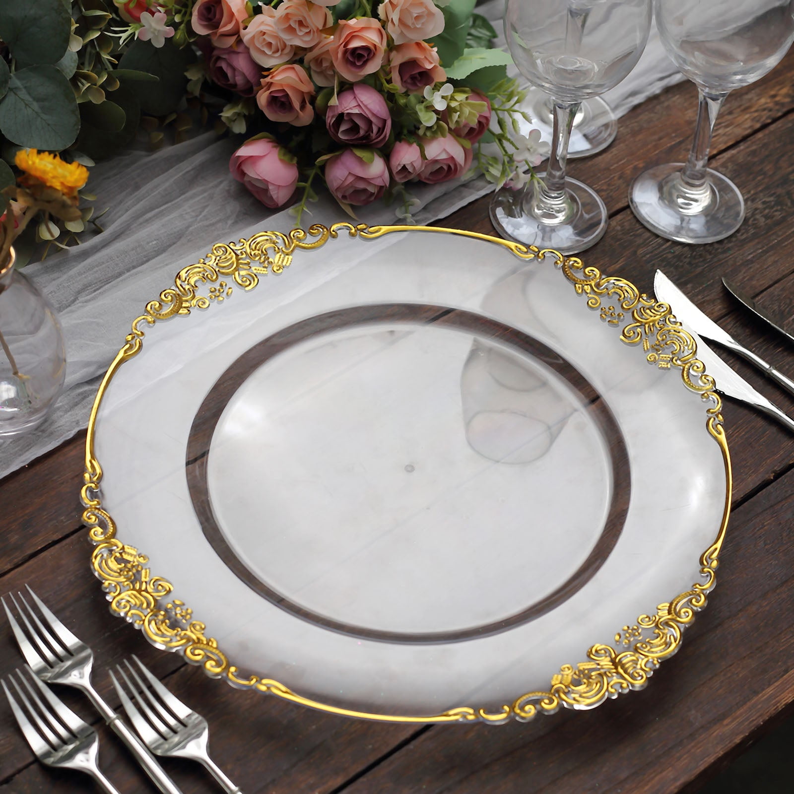 Clear and Gold 13" Acrylic Round Charger Plates with Embossed Rim