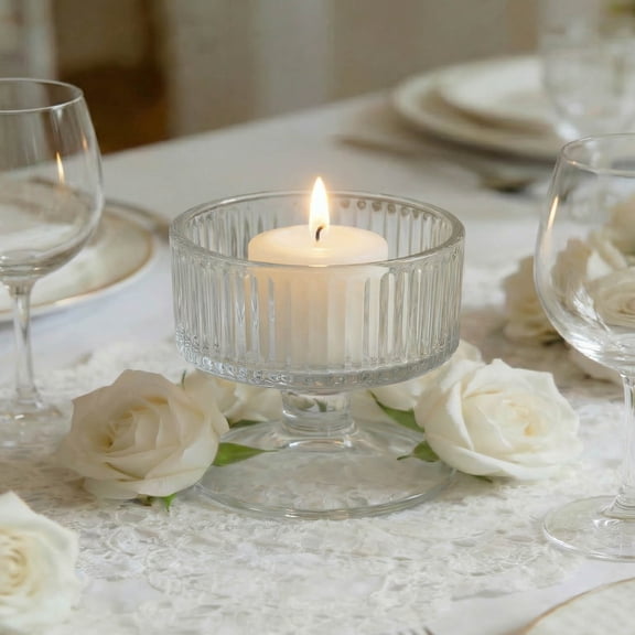 Efavormart 6 Pack Clear Ribbed Glass Candle Holders 3" – Vintage Coupe Pedestal Candle Cups for Floating & LED Candles, Table Centerpieces