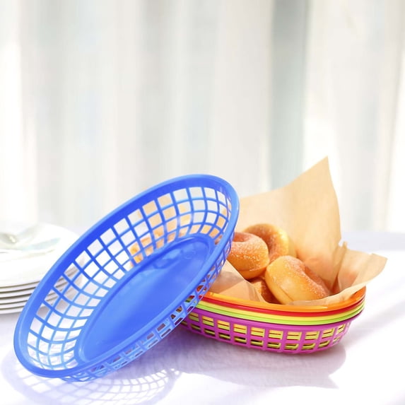 Efavormart 6 Pack | Colorful Oval Plastic Food Baskets With 50 Wax Paper Liners, Individual Deli Serving Tray Baskets