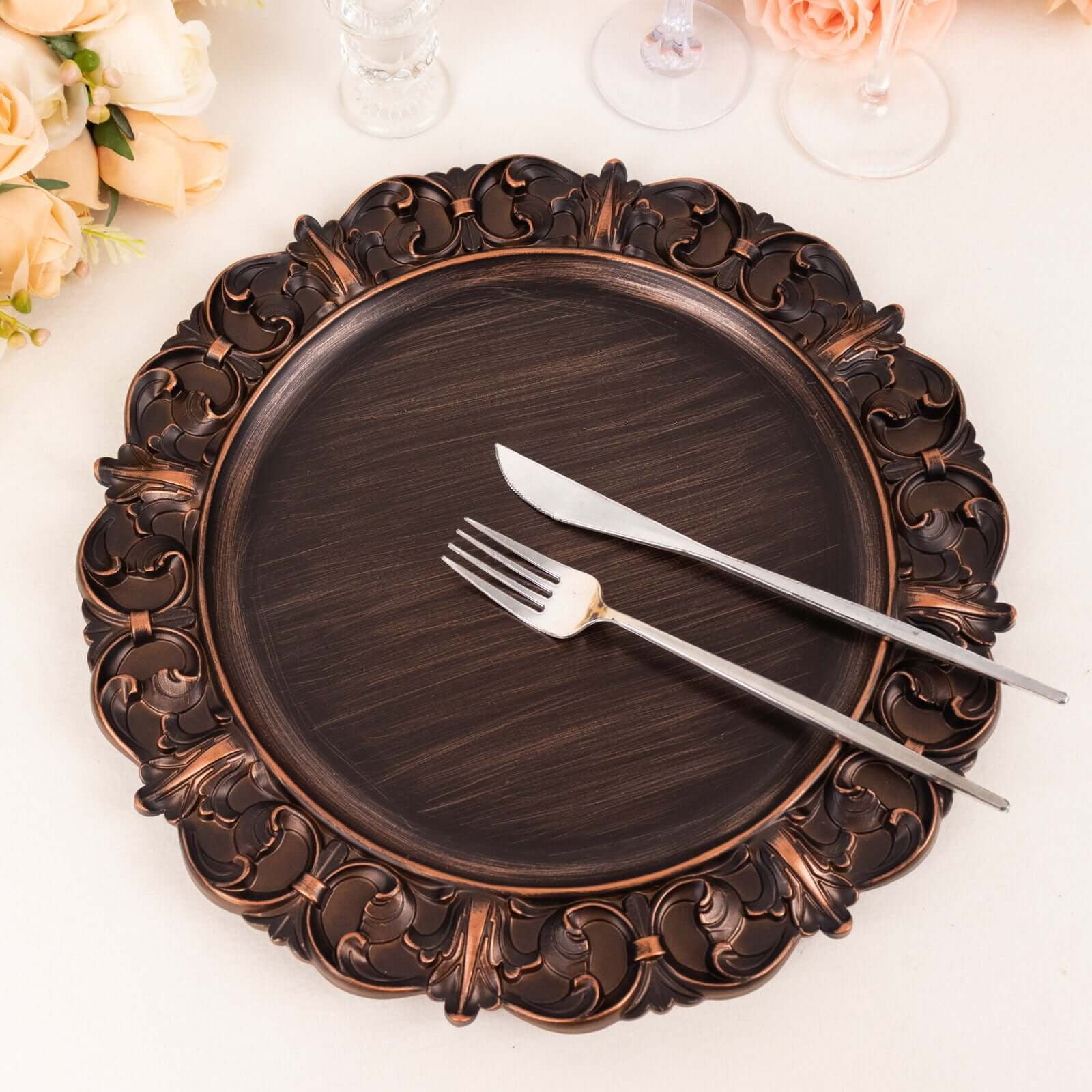 Efavormart 6 Pack Dark Brown Aristocrat Style Acrylic Charger Plates With Ornate Embossed Rim, 13" Round Retro Baroque Plastic Serving Plates