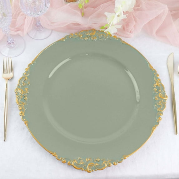 Efavormart 6 Pack Dusty Sage 13" Round Baroque Charger Plates Leaf Embossed Rim for Tabletop Decor Catering Event Decoration