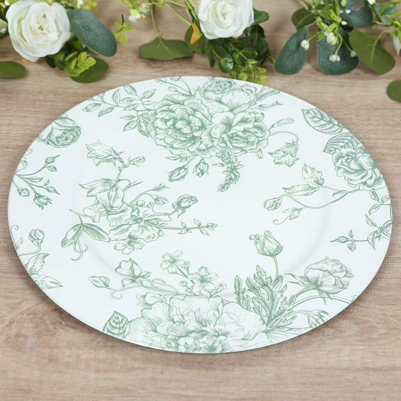 Efavormart 6 Pack Floral Acrylic Charger Plates in French Toile Pattern, White Sage Green Round Dinner Charger Event Tabletop Decor - 13"