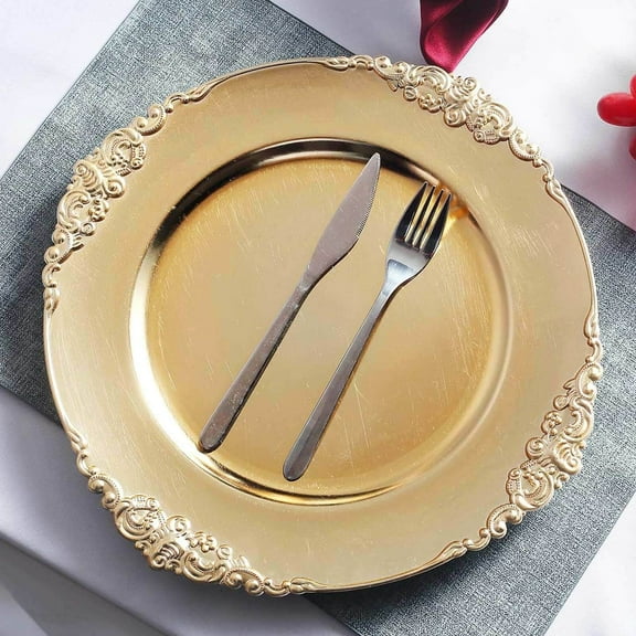 Efavormart 6 Pack Gold 13" Round Baroque Charger Plates Leaf Embossed Rim for Tabletop Decor Catering Event Decoration