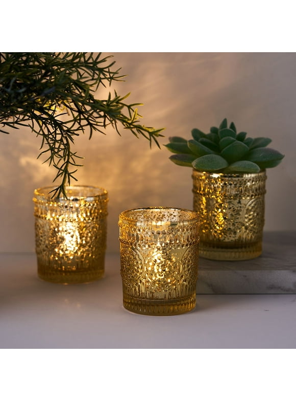 Efavormart 6 Pack Gold Mercury Glass Candle Holders, Votive Tealight Holders With Primrose Design for Home Decor, Wedding, Reception, Quinceanera, Parties