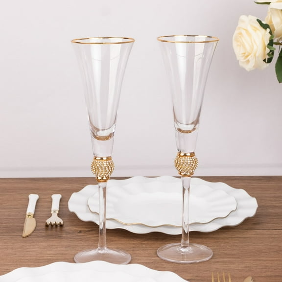Efavormart 6 Pack Gold Rim Clear Champagne Flute Glasses with Studded Diamond Rhinestones, 6oz Long Stem Crystal Toasting Cocktail Wine Glasses - 11"