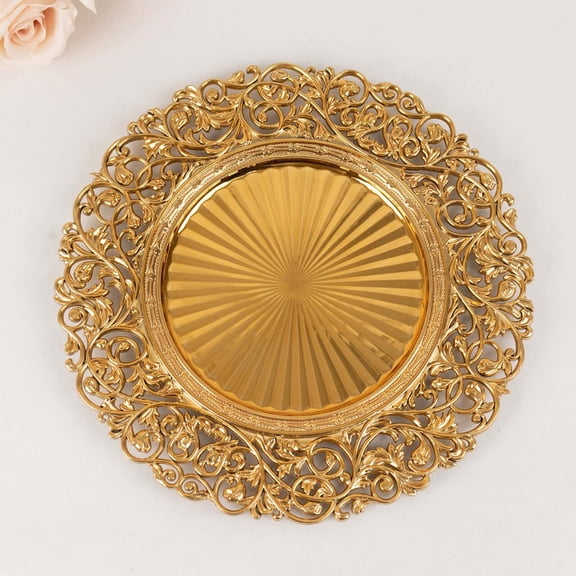 Efavormart 6 Pack Gold Vintage Floral Acrylic Charger Plates With Carved Borders, Round Dinner Charger Event Tabletop Decor - 13"