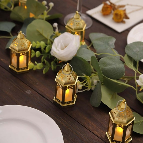 Efavormart 6 Pack Gold Vintage Mini Lantern with Flickering LED Tealight Candles, Moroccan Style Battery Operated Warm White Candle Lantern Lamp Centerpieces - 3.5"