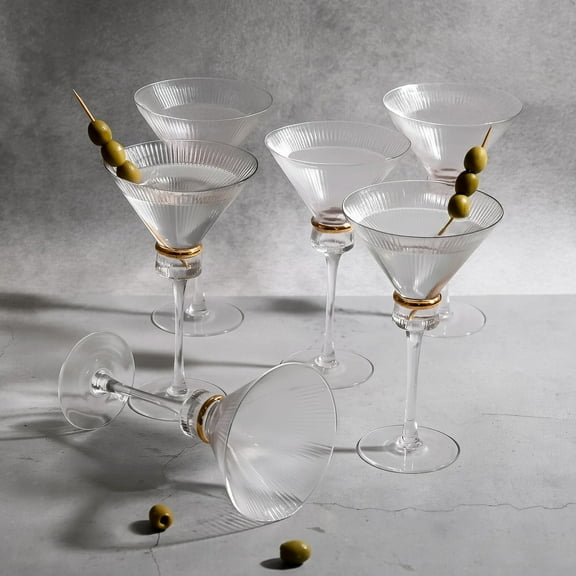 Efavormart 6-Pack Martini Glasses – 10oz Real Glass, Clear Ribbed Design with Gold Ring Accent, Elegant Cocktail Glasses for Martinis & Cosmopolitans – 8" Tall