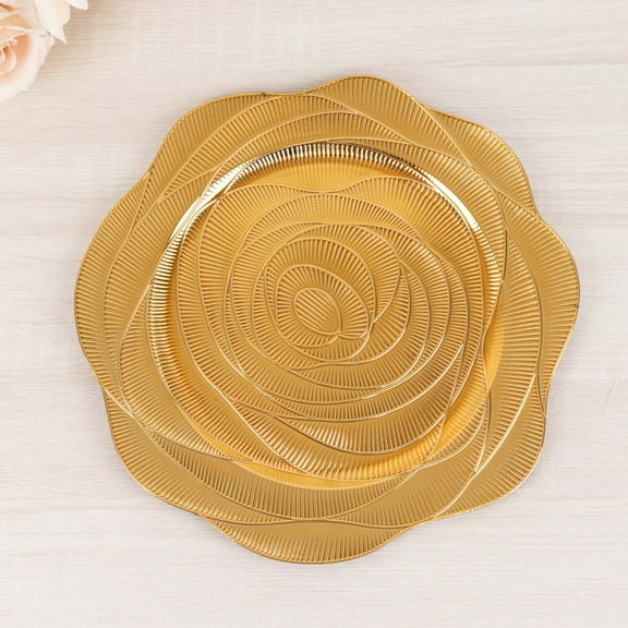 Efavormart 6 Pack Metallic Gold Acrylic Charger Plates With Ribbed Rose Pattern, Round Dinner Chargers Event Tabletop Decor - 13"