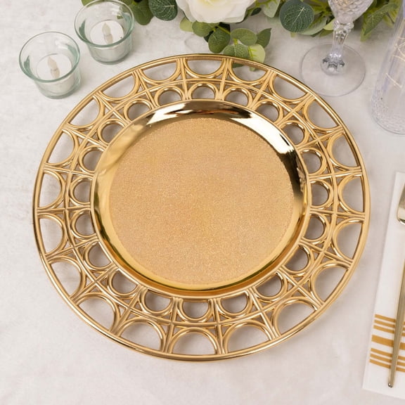 Efavormart 6 Pack Metallic Gold Acrylic Plastic Serving Plates With Hollow Semi Circle Rim, 13" Round Decorative Charger Plates