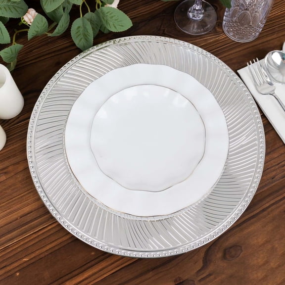 Efavormart 6 Pack Metallic Silver Swirl Pattern Acrylic Charger Plates With Beaded Rim, 13" Round Plastic Decorative Serving Plates