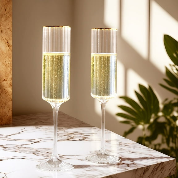 Efavormart 6-Pack Modern Champagne Flutes – 7oz Real Glass, Clear Ribbed Cylindrical Design with Gold Rim, Elegant Toasting Glasses for Weddings & Celebrations – 9.5" Tall