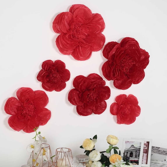 Efavormart 6 Pack Red & Wine Assorted Size Giant Paper Peony Flowers Decor for Centerpieces Arrangement - 12" | 16" | 20"