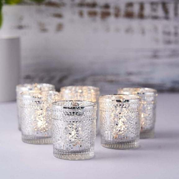 Efavormart 6 Pack Silver Mercury Glass Candle Holders, Votive Tealight Holders With Primrose Design for Home Decor, Wedding, Reception, Quinceanera, Parties