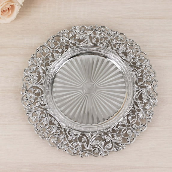 Efavormart 6 Pack Silver Vintage Floral Acrylic Charger Plates With Carved Borders, Round Dinner Charger Event Tabletop Decor - 13"