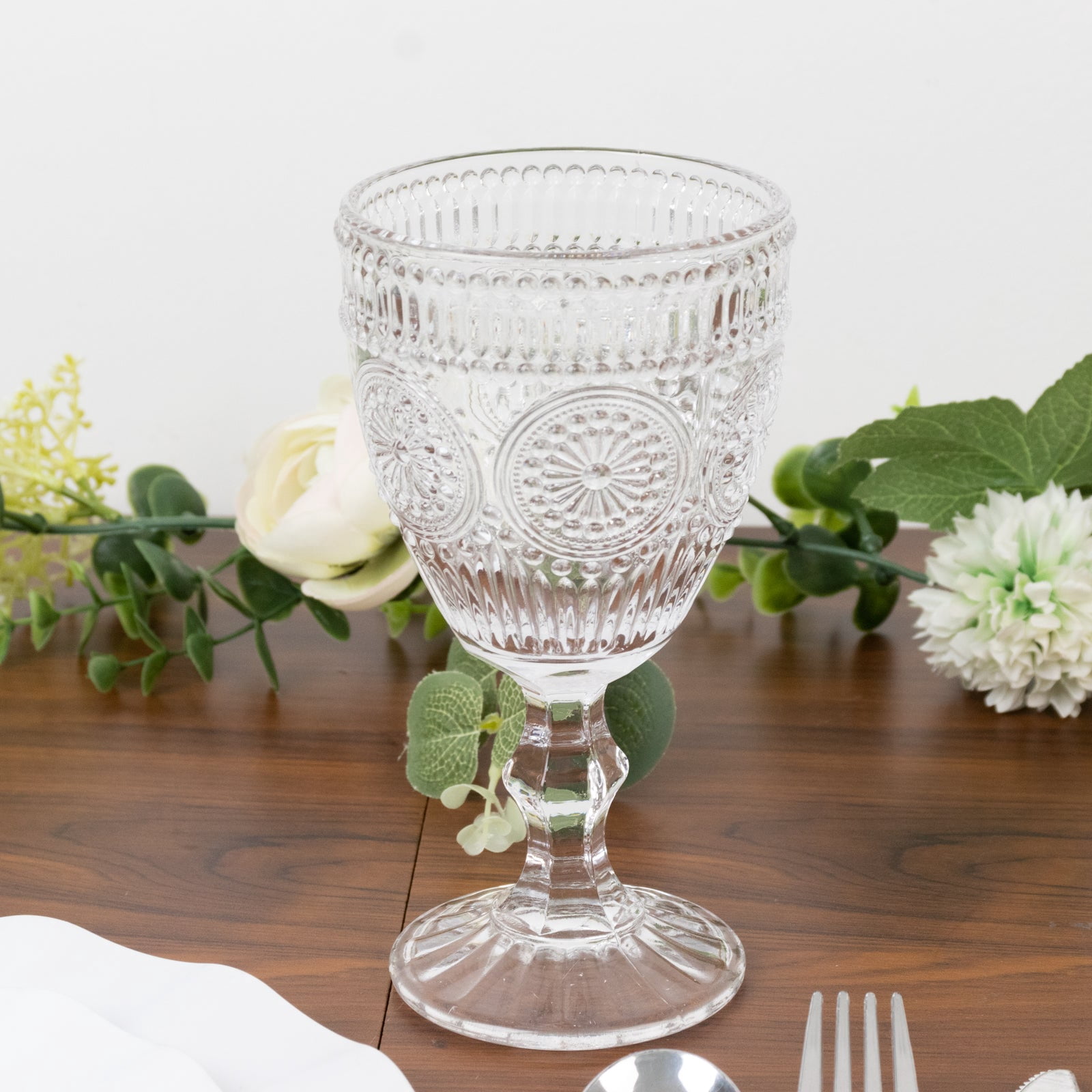 Efavormart 6-Pack Vintage Embossed Glass Goblets 11oz – Clear Floral ...