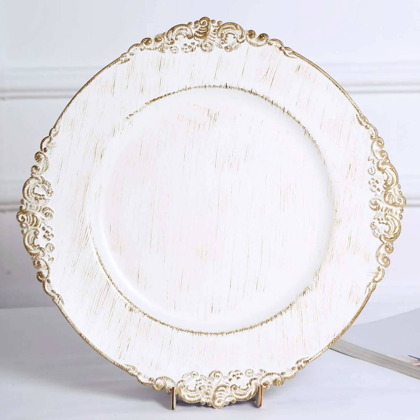 White and Gold Embossed Baroque Acrylic Charger Plates, 13" Set of 6