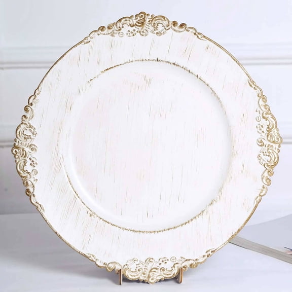 Efavormart 6 Pack White 13" Round Baroque Charger Plates Leaf Embossed Antique Gold Rim for Tabletop Decor Catering Event