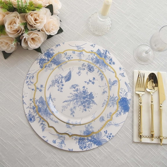 Efavormart 6 Pack White Blue Disposable Serving Trays with Chinoiserie Floral Print, 13" Round Cardboard Paper Charger Plates - 700 GSM