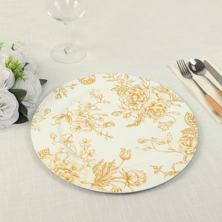 Efavormart 6 Pack White Gold Floral Acrylic Charger Plates in French Toile Pattern, Round Dinner Charger Event Tabletop Decor - 13"