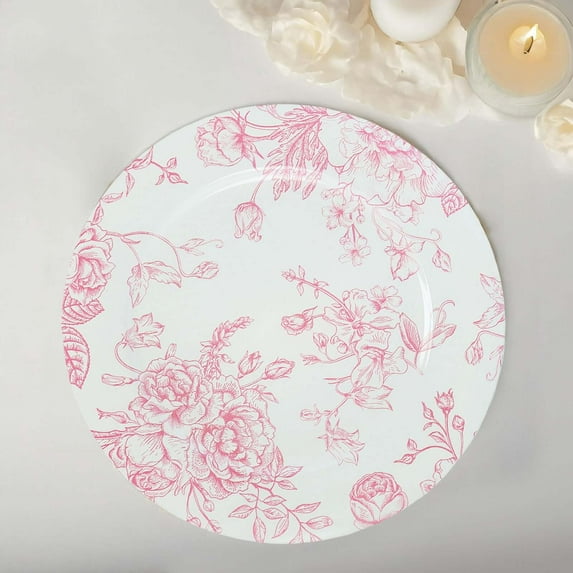 Efavormart 6 Pack White Pink Floral Acrylic Charger Plates in French Toile Pattern, Round Dinner Charger Event Tabletop Decor - 13"