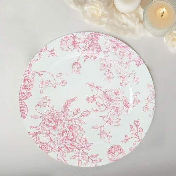 Efavormart 6 Pack White Pink Floral Acrylic Charger Plates in French Toile Pattern, Round Dinner Charger Event Tabletop Decor - 13"