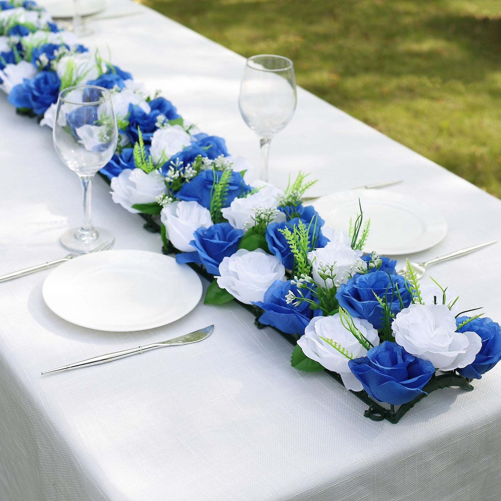 Efavormart 6 Pack White Royal Blue Silk Rose Flower Panel Table Runner ...