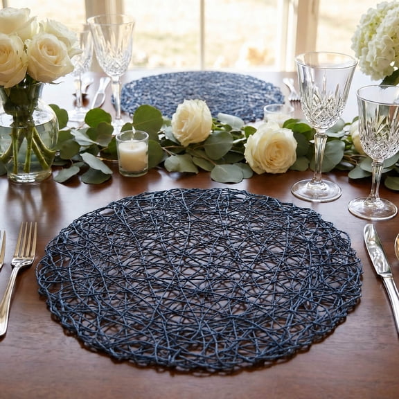 Efavormart 6-Pack Woven Fiber Table Placemats 15" Round Design Denim Blue - Disposable Dining Mats