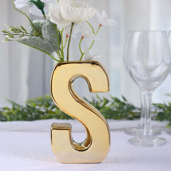 Efavormart 6" Shiny Gold Plated Ceramic Letter "S" Sculpture Flower Vase, Bud Planter Pot Table Centerpiece