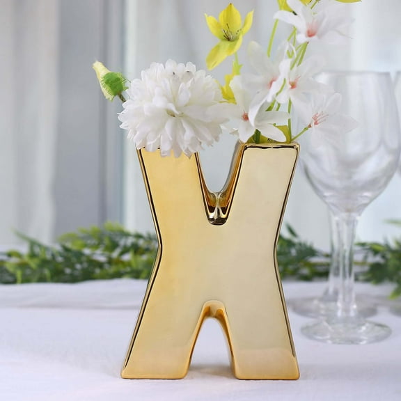 Efavormart 6" Shiny Gold Plated Ceramic Letter "X" Sculpture Flower Vase, Bud Planter Pot Table Centerpiece