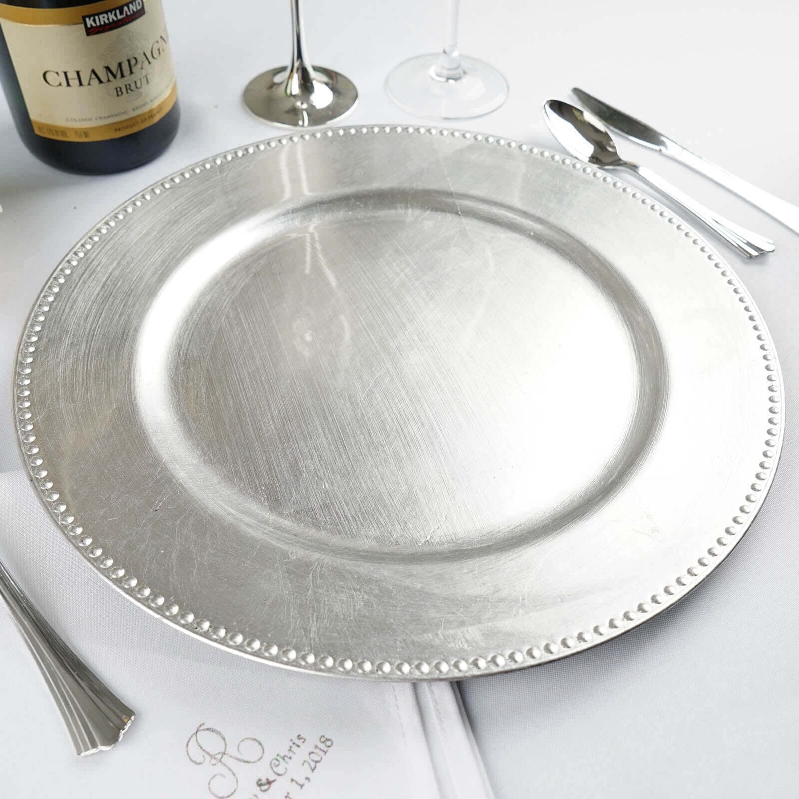 Efavormart 6 pcs 13" Metallic Silver Beaded Round Charger Plates for Tabletop Decor Holiday Decoration