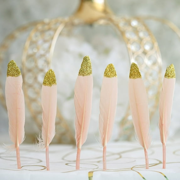 Efavormart 60 Pack Glitter Gold Tip Blush Real Turkey Feathers For Craft Party Decoration