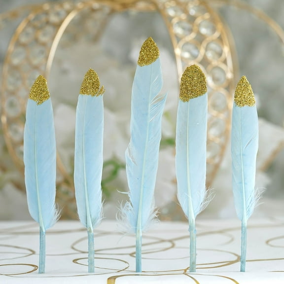 Efavormart 60 Pack Glitter Gold Tip Light Blue Real Turkey Feathers For Craft Party Decoration