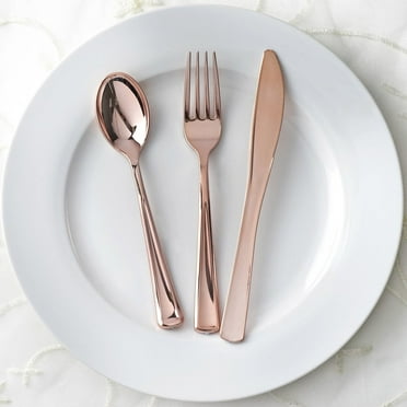 Efavormart 60 Pack Metallic Rose Gold Heavy Duty Plastic Silverware Set, Disposable Blush Cutlery Utensil Set - 7" and 8"