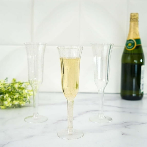 Efavormart 60 Pcs Disposable Gold Glitter Clear Plastic Champagne Flutes for Wedding Birthday Party Banquet Events Cocktail Cups