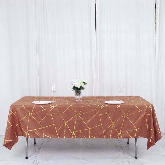 Efavormart 60"X102" Terracotta Polyester Rectangular Tablecloth With Gold Foil Geometric Pattern - Perfect for Wedding, Party, Event, Home Décor, Special Occasions, Banquet, and Decoration - Modish