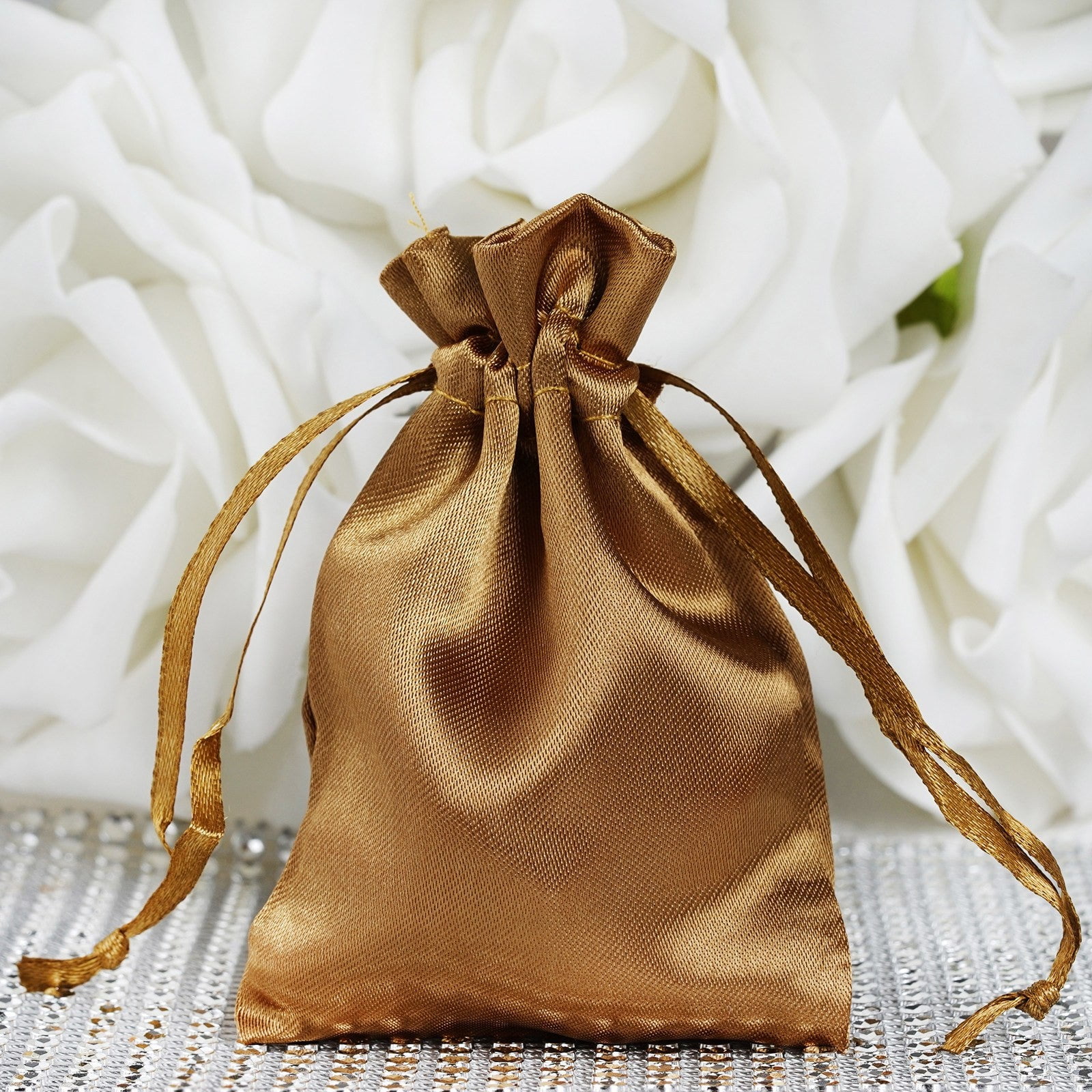 Chocolate Brown & Gold Silk Jewellery Pouch With Satin Lining And