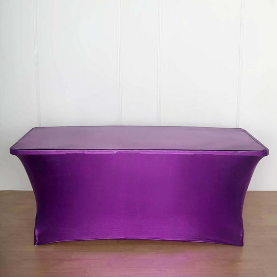 Efavormart 6FT Metallic Rectangular Stretch Spandex Table Cover for Wedding Kitchen Dining Events - Purple