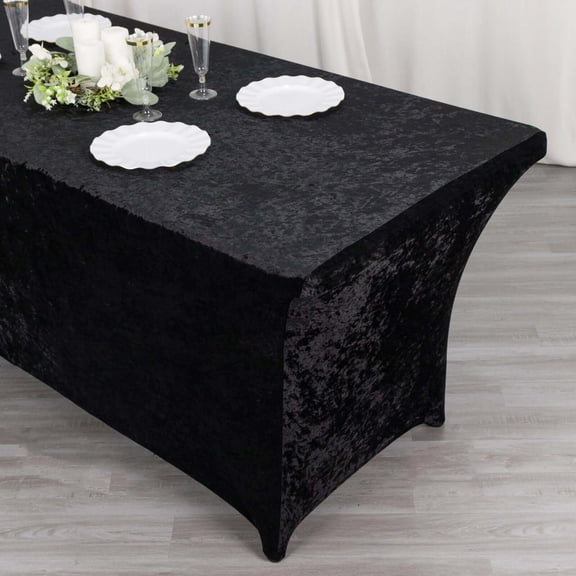 Efavormart 6ft Black Crushed Velvet Stretch Fitted Rectangular Table Cover