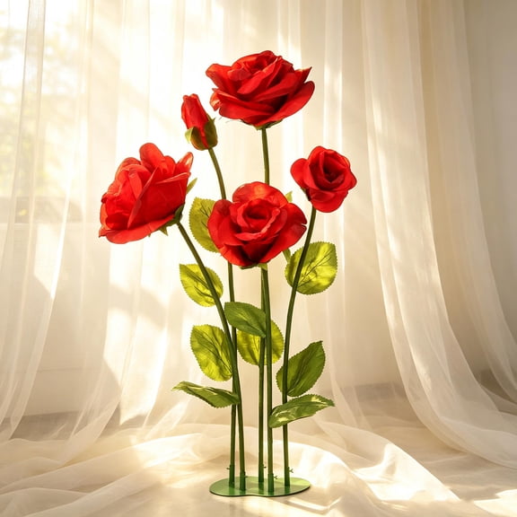 Efavormart 6ft Giant Paper Rose Floor Display Set, 5 Pcs Long Stem Roses with Bud & Metal Base, Red - Freestanding Photo Booth Backdrop