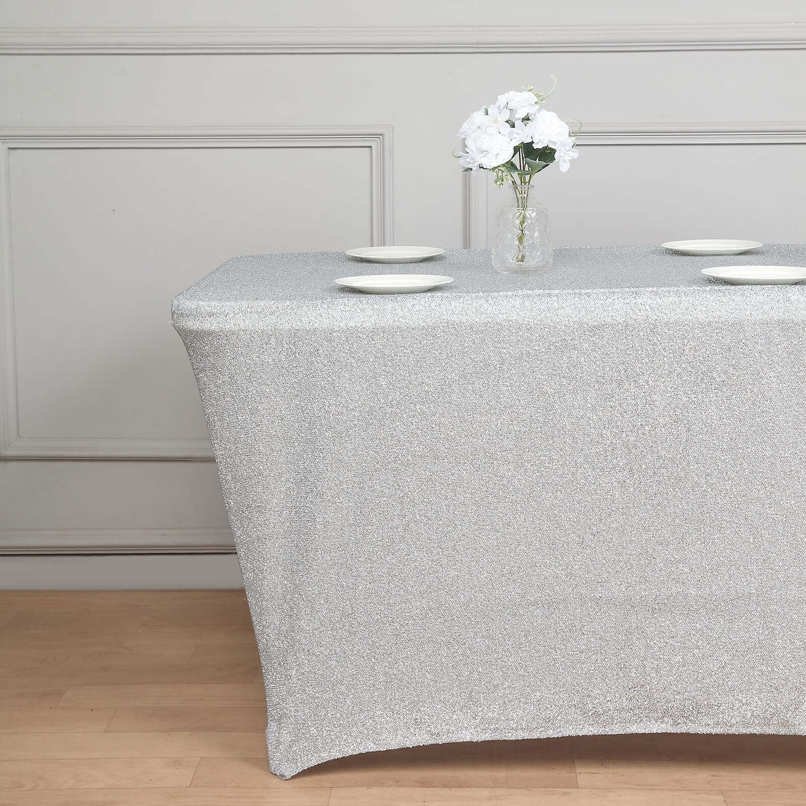 Efavormart 6ft Metallic Silver Glitter Rectangular Spandex Fitted Table ...