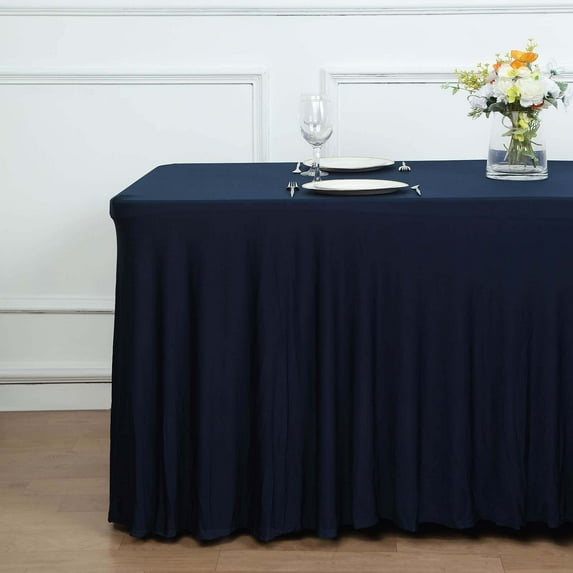Efavormart 6ft Navy Blue Spandex Fitted Rectangle One Piece Tablecloth Table Skirt, Stretchy Table Skirt Cover With Ruffles