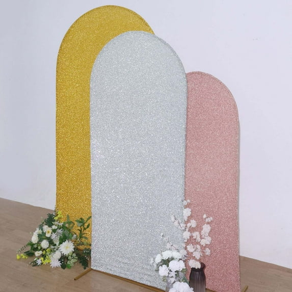 Efavormart 6ft Shiny Silver Spandex Fit Round Top Backdrop Frame Stand Cover, 2-Sided Metallic Sparkly Wedding Arch Cover