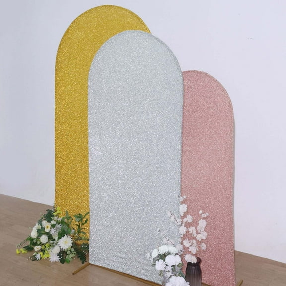 Efavormart 6ft Shiny Silver Spandex Fit Round Top Backdrop Frame Stand Cover, 2-Sided Metallic Sparkly Wedding Arch Cover