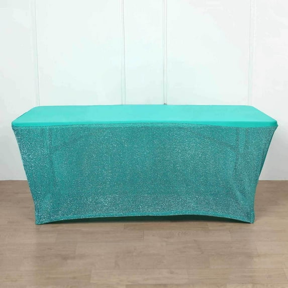 Efavormart 6ft - Turquoise Ruffled Metallic Spandex Table Cover With Plain Top - Rectangular Fitted Tablecloth - Perfect for Wedding, Showers, Corporate Affairs, Event, Banquet, Decoration