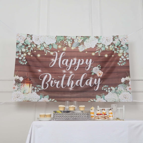 Efavormart 6ftx3ft White Brown Rustic Wood Floral Happy Birthday Photo Backdrop, Large Polyester Background Banner