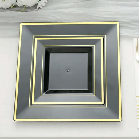 Efavormart 7" | Gold Trim Black Square Plastic Salad Dessert Plates | Pack of 10