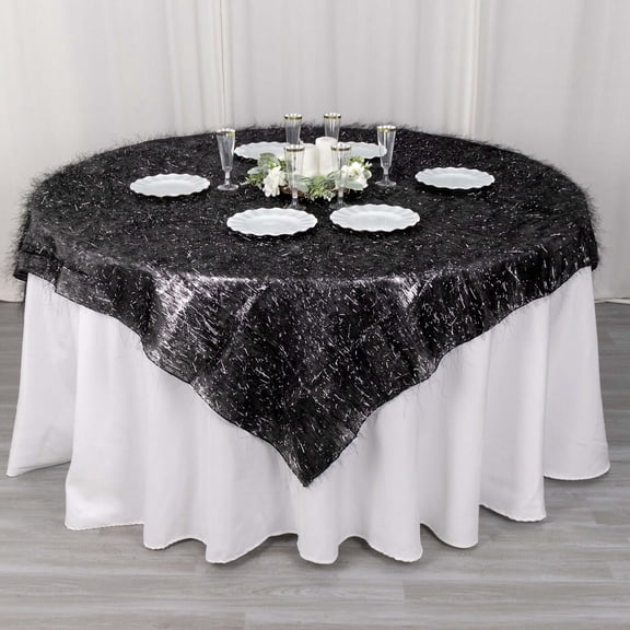 Efavormart 72" Black Metallic Fringe Shag Tinsel Square Polyester Table Overlay