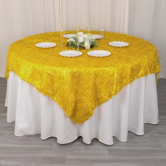 Efavormart 72" Gold Metallic Fringe Shag Tinsel Square Polyester Table Overlay