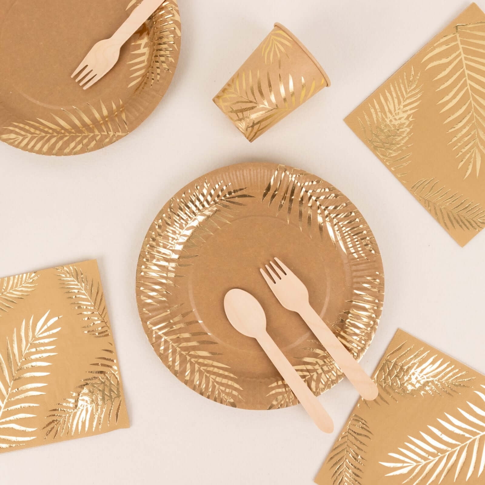Efavormart 72 Pcs Natural Disposable Party Supplies Kit With Gold Foil Palm Leaves Print, Paper Plates Cups Napkins Tableware Combo Pack